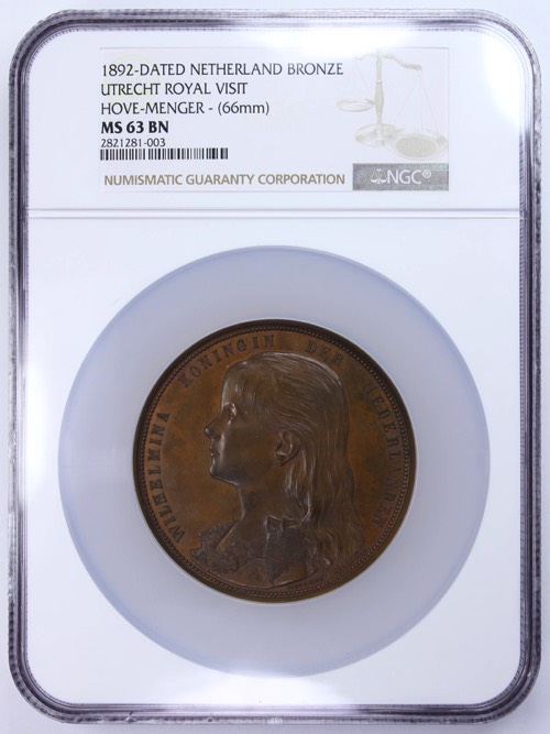 Netherlands 1892 Queen Wilhelmina Bronze Medal obverse NGC oversize holder